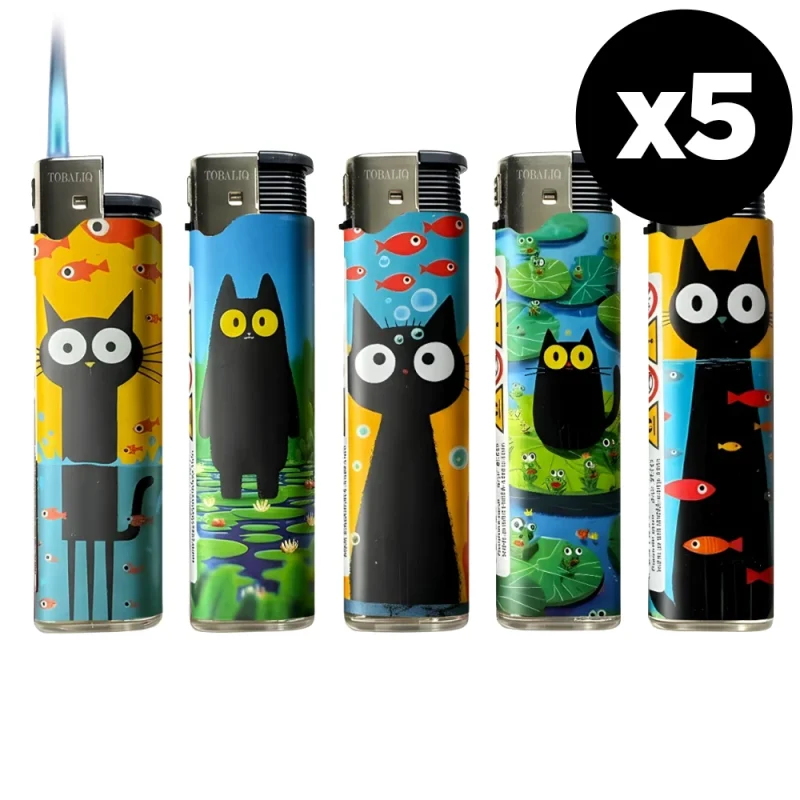 briquets décorés chats - lot de 5 briquets rechargeables avec flamme bleue tempête "jet" puissante.