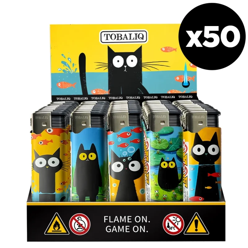 boite de 50 briquets électroniques tempête - briquet rechargeable gaz - format grossiste - briquet décoré chat