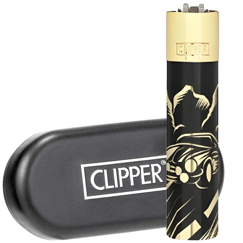 Briquet CLIPPER en métal collection "Classic Cars" avec voiture ancienne - noir et doré - Clipper avec boite métal incluse