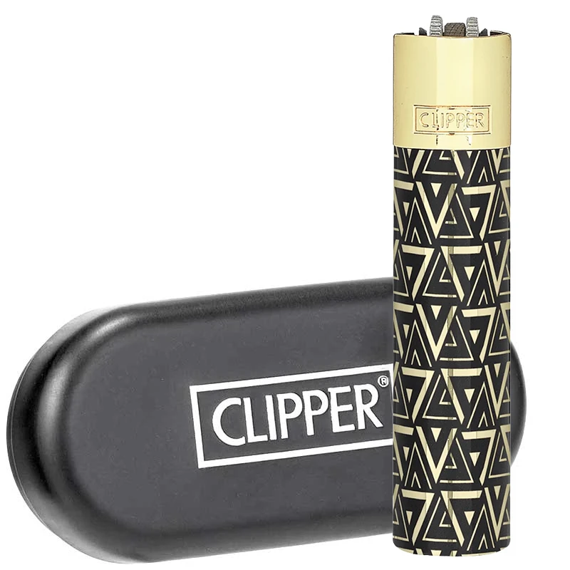 Briquet CLIPPER en métal avec étui - Collection CHIC PATTERNS noir et doré.