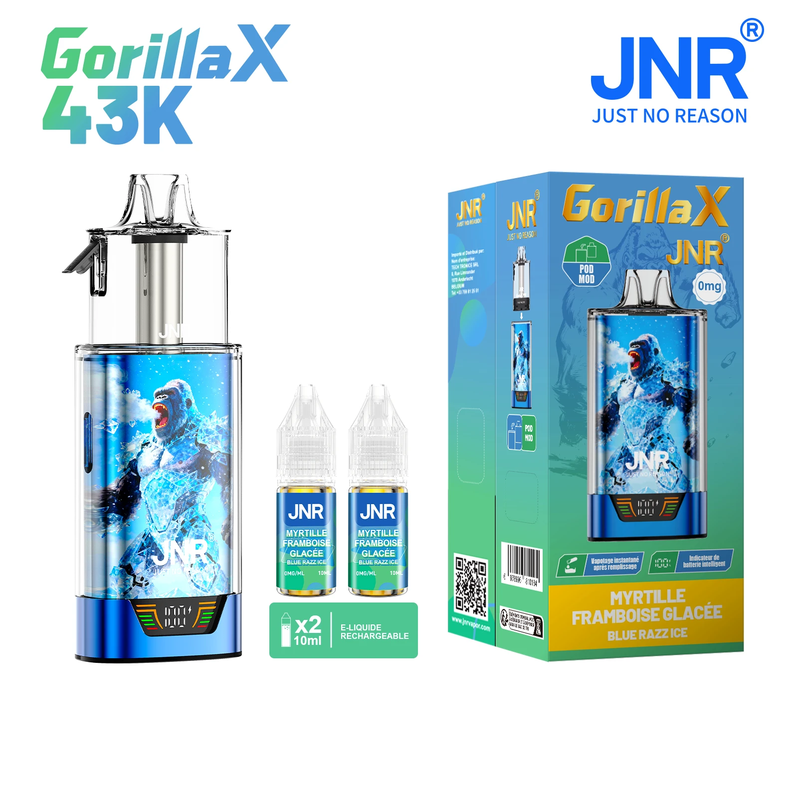 Puff JNR Gorilla livrée avec 2 flacons d'e-liquide JNR sans nicotine goût Blue razz ice