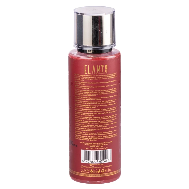 Brume Al Amira El Amir 250ml : agrumes, rose et oud boisé en grand format, coeur de rose et fond d'oud. A vaporiser sur le corps, les cheveux ou le linge.