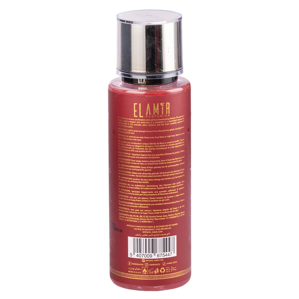 Brume Al Amira El Amir 250ml : agrumes, rose et oud boisé en grand format, coeur de rose et fond d'oud. A vaporiser sur le corps, les cheveux ou le linge.