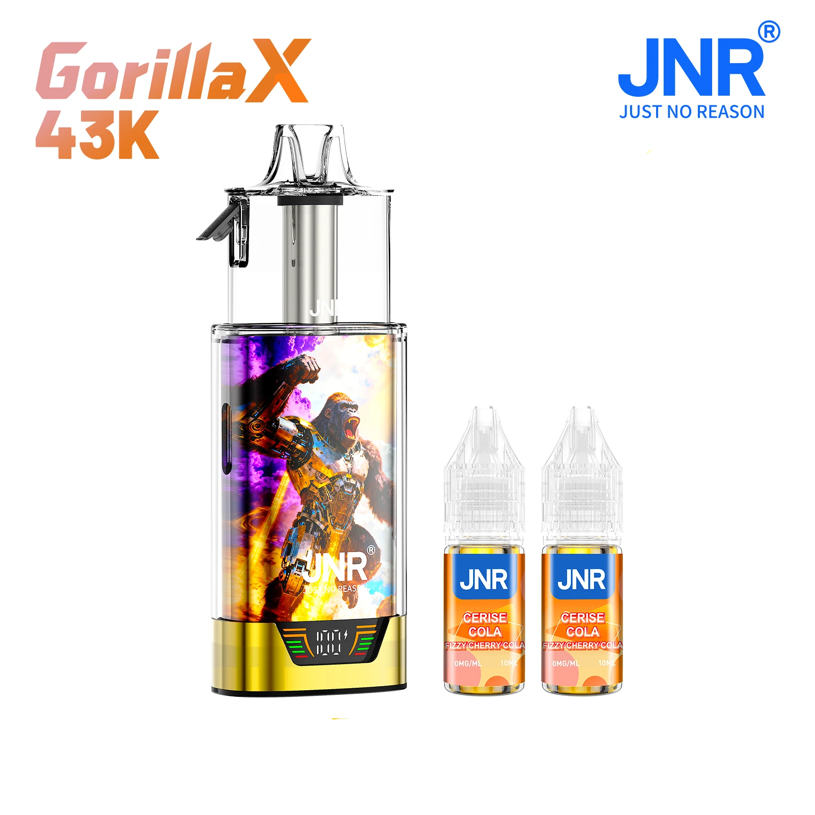 Puff JNR Gorilla X 43K Fizzy Cherry Cola (Cerise et cola) - Puff sans nicotine 0mg/ml - Puff rechargeable et remplissable avec cartouche pod et 2 flacons d'e-liquide JNR 10 ml.