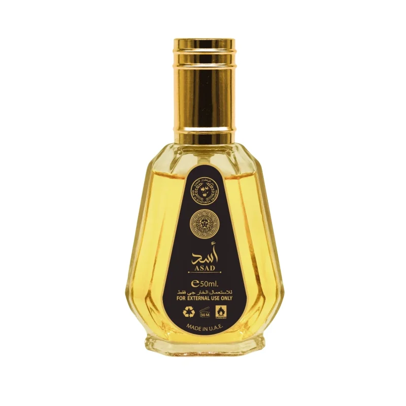 détails du flacon eau de parfum ASAD Al Zaafaran - parfum 50 ml oriental boisé épicé - fabriqué à Dubai Emirats Arabes Unis