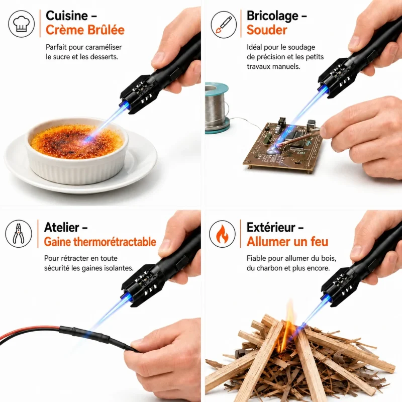 briquet rechargeable avec flamme ultra puissante 1200°C idéal pour la cuisine, le camping, randonnée, bricolage, barbecue ou cheminée.