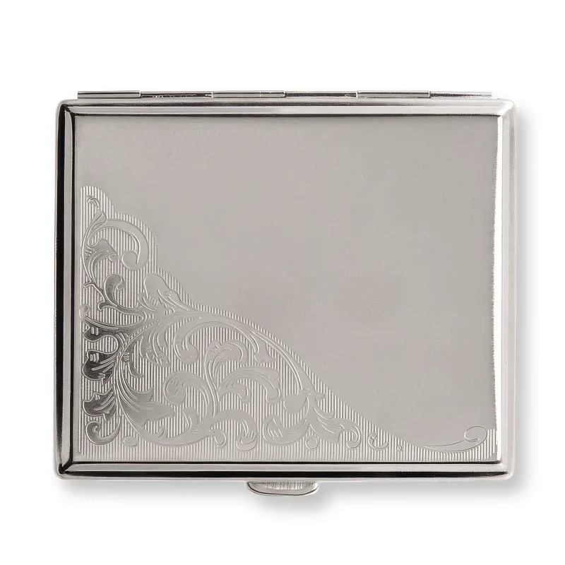 boite en métal inox gris gravé style vintage fleuri pour ranger les cigarettes.