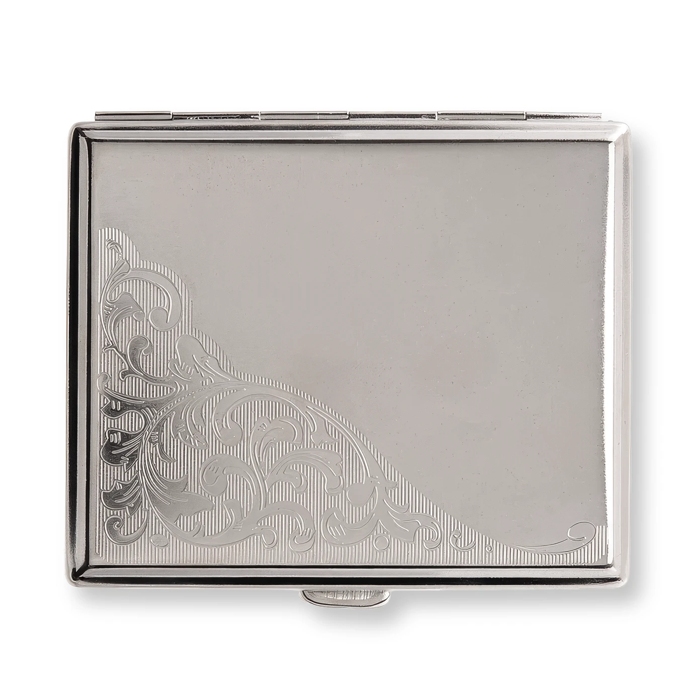 boite en métal inox gris gravé style vintage fleuri pour ranger les cigarettes.