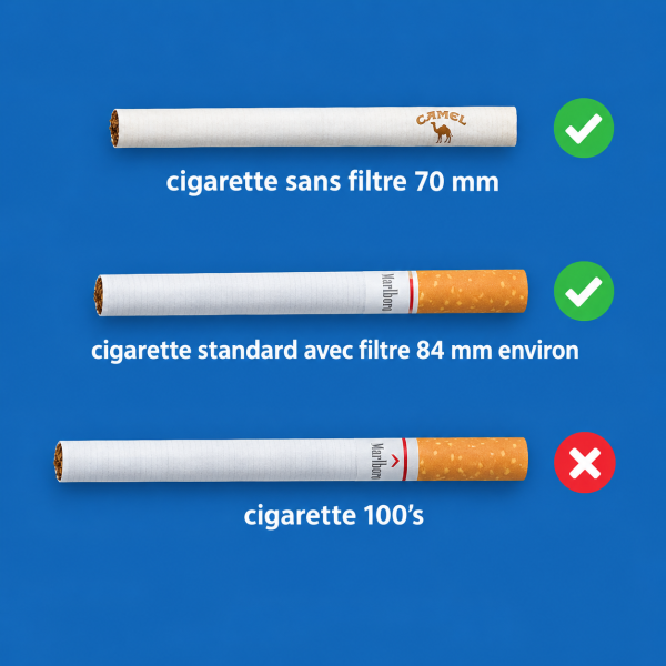 différentes tailles de cigarettes - cigarettes sans filtre, cigarette classique avec filtre et cigarette 100's.