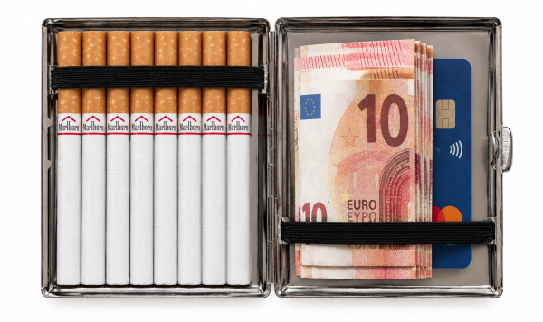 boite en métal pour ranger les cigarettes - 2 compartiments avec élastiques de maintien.