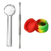 set complet avec pipe en verre, dabber métal et pot en silicone.