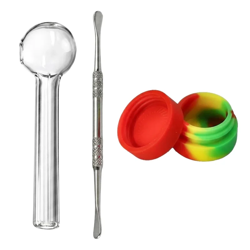 set complet avec pipe en verre, dabber métal et pot en silicone.