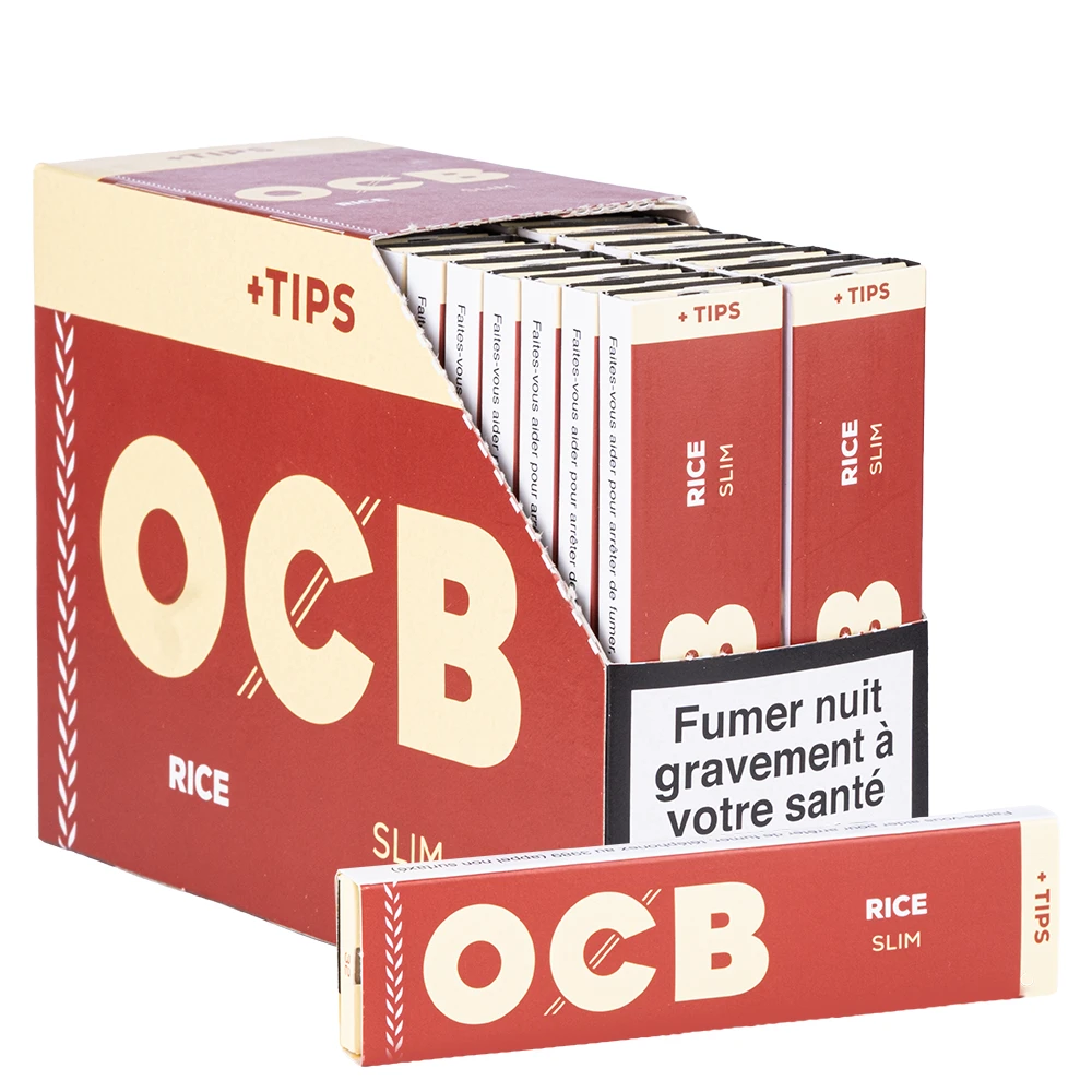 OCB Rice Slim + tips - boite de 32 carnets de feuilles à rouler naturelles marron au riz avec filtres toncar perforés
