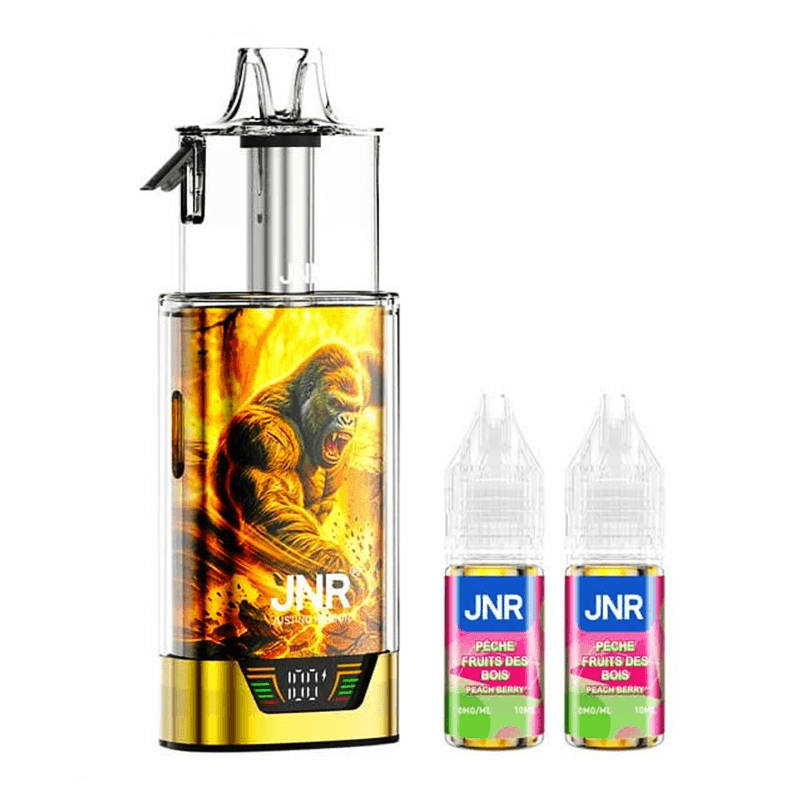puff gorilla 43K de JNR - livrée avec deux flacons de 10 ml d'e-liquide JNR goût peche fruits des bois