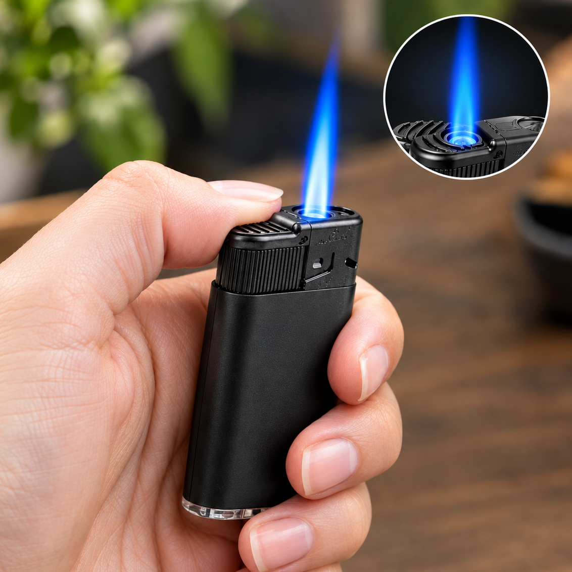 briquet gaz flamme bleue tempête puissante.