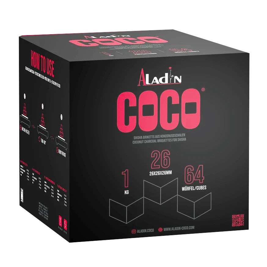 boite 1kg de charbon naturel coco pour chicha de la marque Aladin - format cubes de 26 x 26 x 26 mm de diamètre.