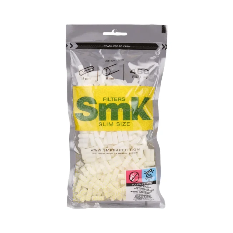 Sachet de 450 filtres slim SMK pour cigarettes, idéal pour réduire le goudron et obtenir une fumée plus douce.